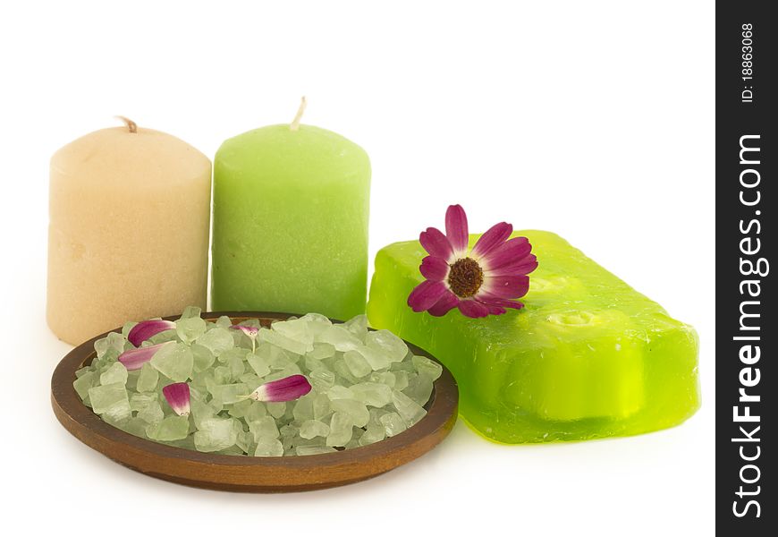 Candles, soap, bathing salt and flower. Candles, soap, bathing salt and flower