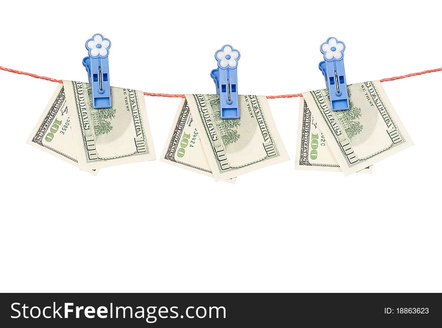 One hundred dollar bill hanging on a clothesline isolated on white background. One hundred dollar bill hanging on a clothesline isolated on white background