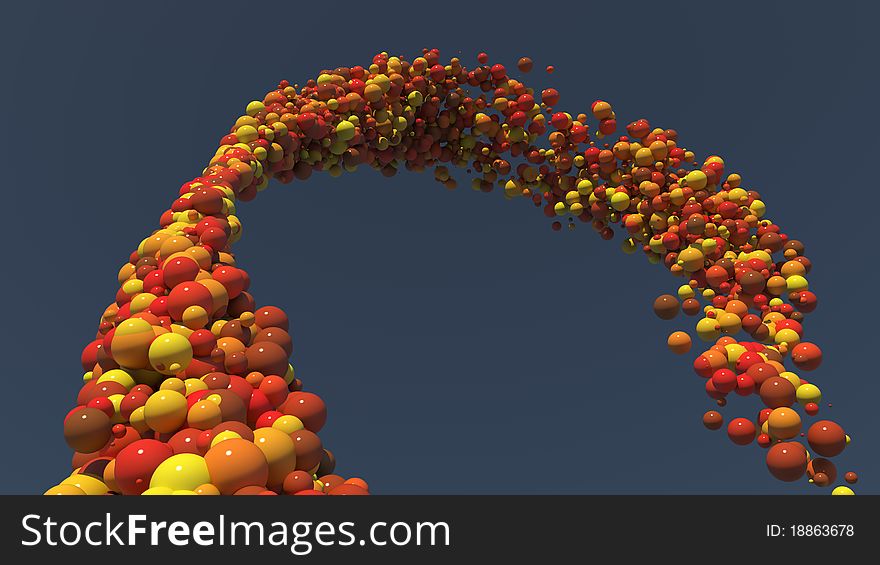 Fountain of red, orange and yello spheres on blue sky. Fountain of red, orange and yello spheres on blue sky