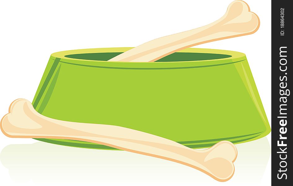 Bones in a green doggy bowl. Illustration