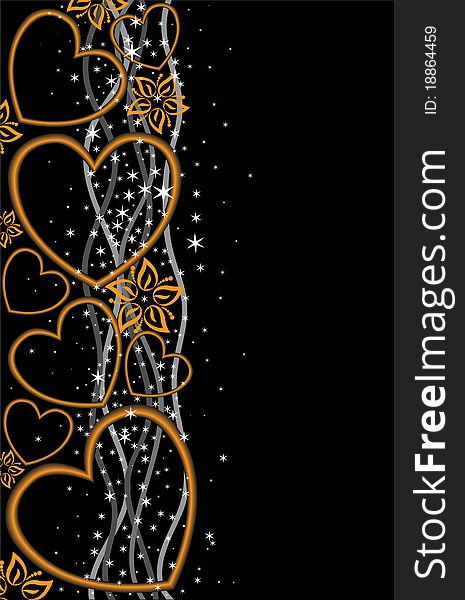 Abstract black background with gold hearts and flowers. Abstract black background with gold hearts and flowers