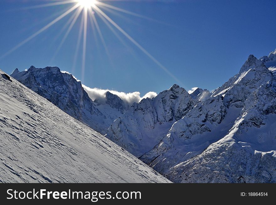 It is mountain-skiing descent. A black line. Height about 3000 meters. It is mountain-skiing descent. A black line. Height about 3000 meters