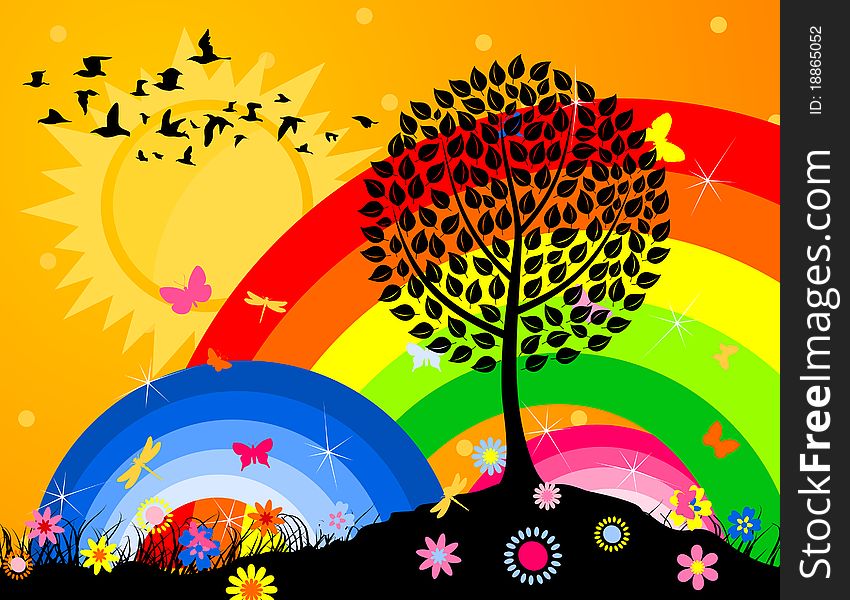 Silhouette of a tree against a rainbow and the bright sky. A illustration. Silhouette of a tree against a rainbow and the bright sky. A illustration