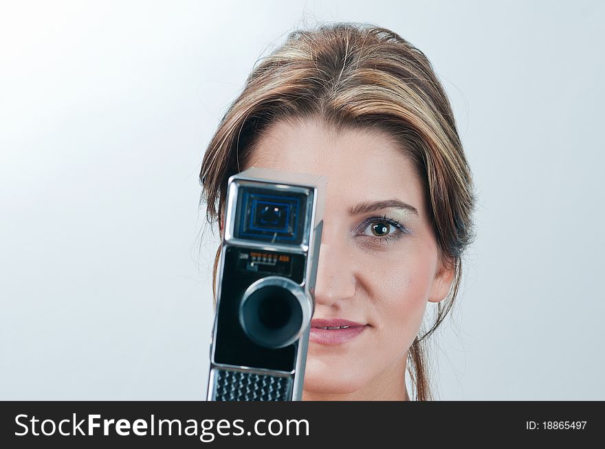 Picture of lovely girl with old camera. Picture of lovely girl with old camera.