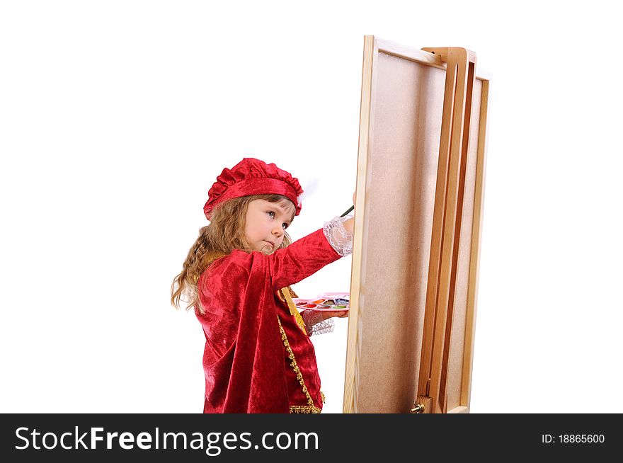Girl with a brush and paints near an easel. Isolated on white. Girl with a brush and paints near an easel. Isolated on white