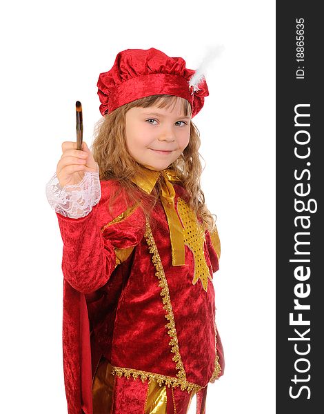 Girl in a red historical suit with a brush on a white background. Girl in a red historical suit with a brush on a white background