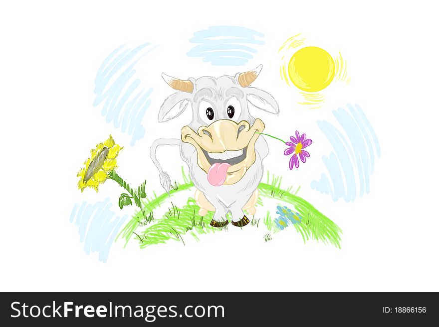 On the meadow, under a radiant sun, is cheerful cow. On the meadow, under a radiant sun, is cheerful cow.