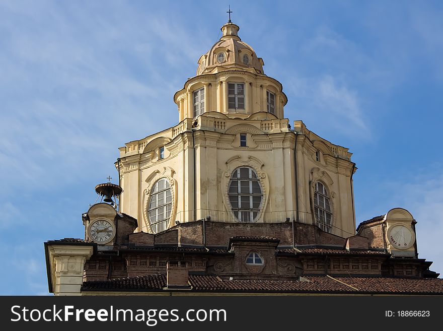 Bell tower of the Royal Church of San Lorenzo in Turin, Italy. It is placed near the Piazza Castello.