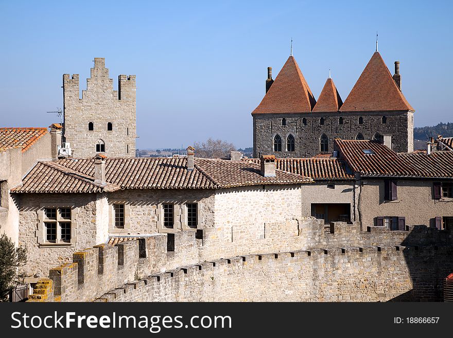 Walls and towers of the medieval castle in Carcassonne.France