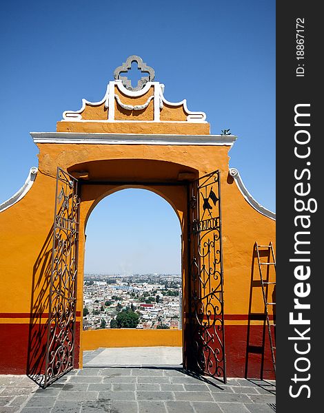 Side gate to the church on top of Cholula pyramid
