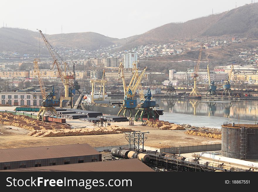 Steamship under loading in Russian small town