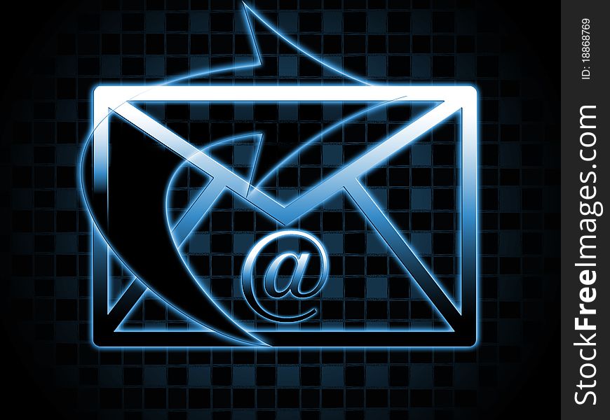 Glowing blue envelope with an arrow on the checkered abstract background