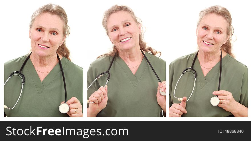 Several poses of the same mature nurse