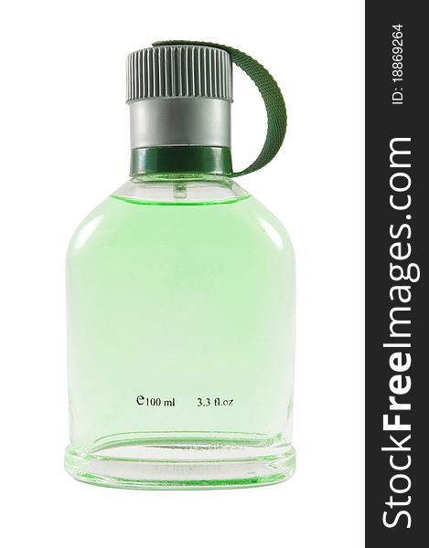 Closeup of green bottle with perfume isolated. Closeup of green bottle with perfume isolated