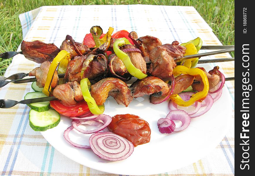 Barbecue grilled meat with pepper onion roasting. Barbecue grilled meat with pepper onion roasting