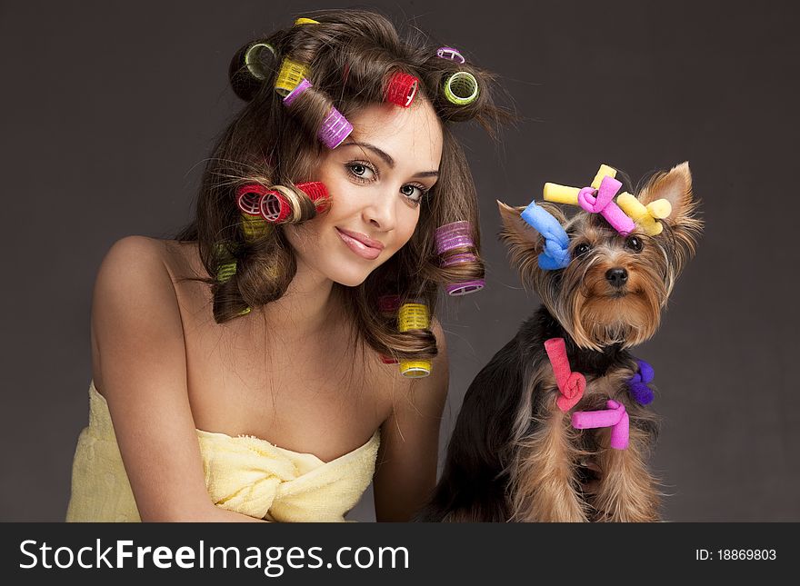Female with Yorkshire Terrier dog