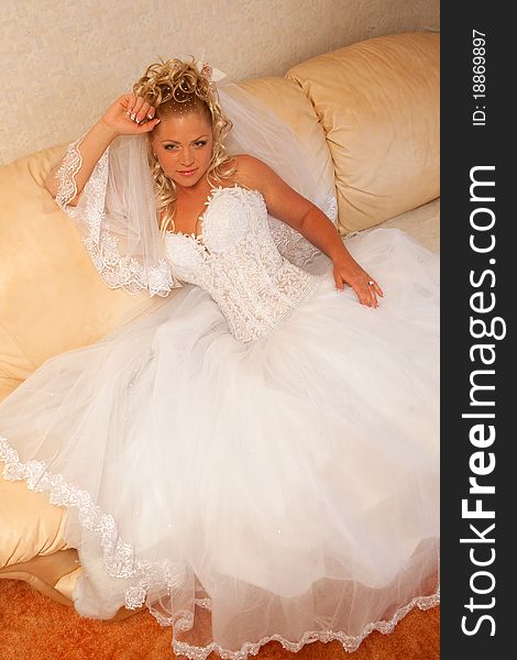 Portrait of beautiful bride with blond hair wearing luxurious wedding dress. Portrait of beautiful bride with blond hair wearing luxurious wedding dress