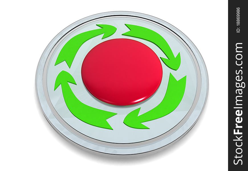 Red button with the green arrows on a white background №1. Red button with the green arrows on a white background №1