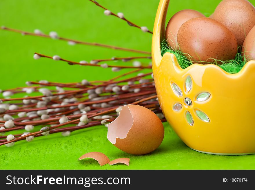 Basket full of Easter eggs and flower