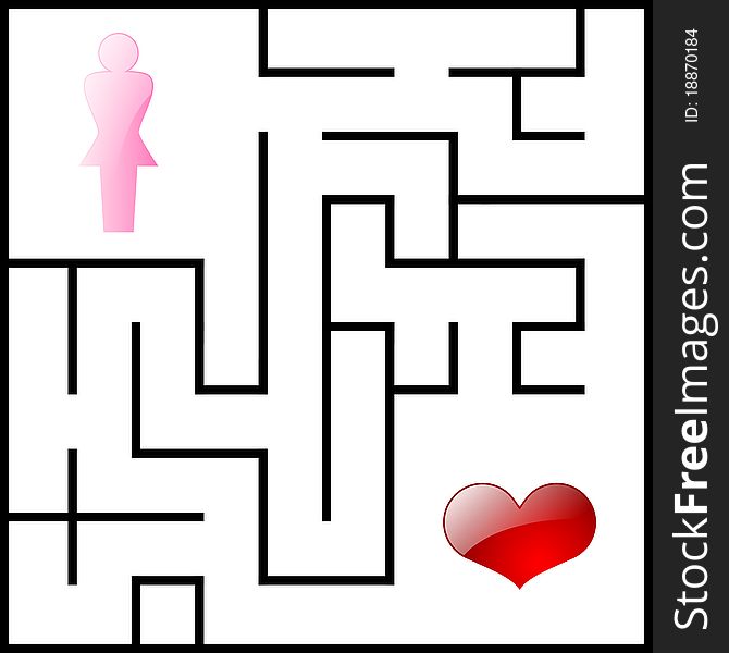 Female and heart silhouette inside the love maze. Female and heart silhouette inside the love maze