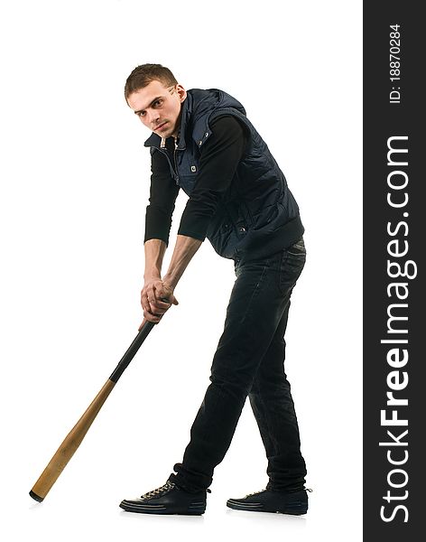 Young man with baseball bat isolated on white background