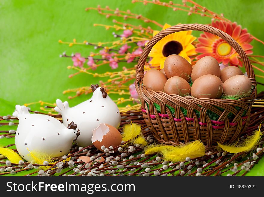 Basket full of Easter eggs and flower. Basket full of Easter eggs and flower