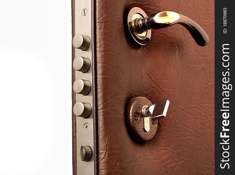 Opened door covered with leather on white background. Opened door covered with leather on white background