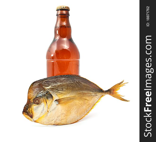 Smoked fish with a beer on a white background