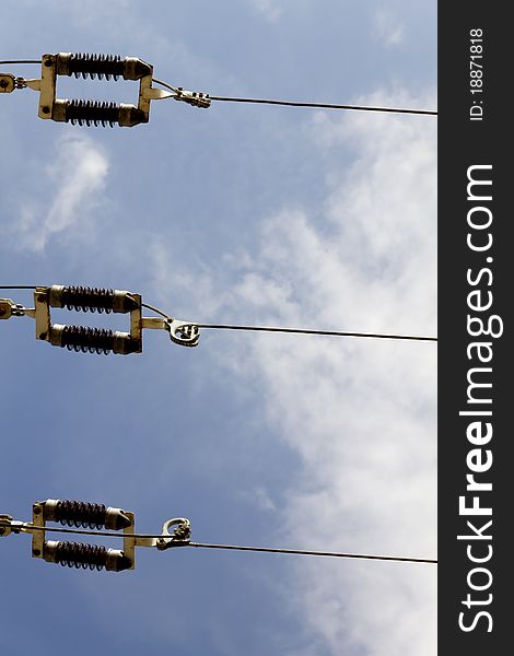 Electric cables and wires with blue sky. Electric cables and wires with blue sky