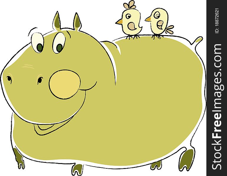 Green hippo smiles on his back sit two funny little birds, they help him get rid of parasites on the skin. gipopotam and bird friends. Green hippo smiles on his back sit two funny little birds, they help him get rid of parasites on the skin. gipopotam and bird friends.