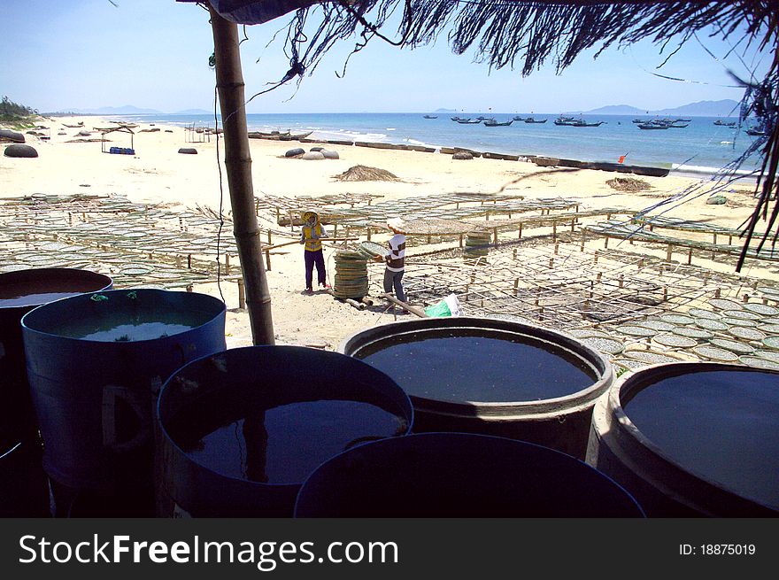 Fishery on the beach. Barrels of brine storage. On the beach the sea dry frying in the sun on bamboo Clais. A woman moves from time to time the fish to dry faster. China Sea is blue. In the distance the fishing boats waiting for the next outing.