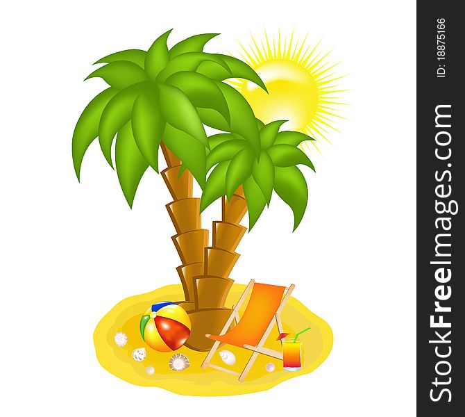 Palm Tree On Beach, Chaise lounge And Cocktail, Vector Illustration. Palm Tree On Beach, Chaise lounge And Cocktail, Vector Illustration