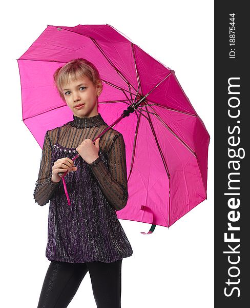 Pretty young girl with a large pink umbrella. Isolated over white. Pretty young girl with a large pink umbrella. Isolated over white