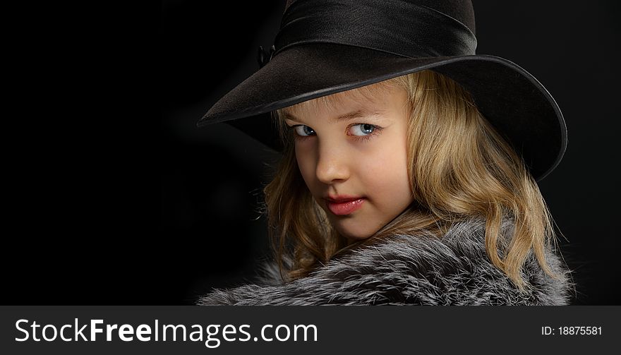 Portrait Beautiful Young Lady In Grey Fur And Hat