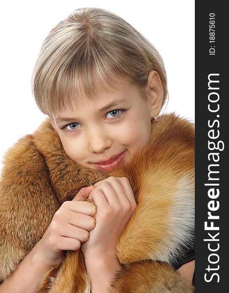 Portrait of young beauty blond girl wearing fur wiht nice smile over white. Portrait of young beauty blond girl wearing fur wiht nice smile over white