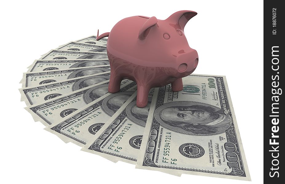 Piggy bank is on the dollars bills