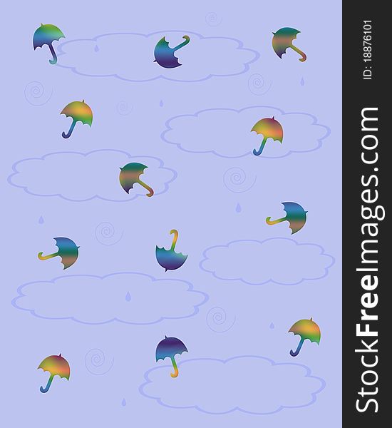 Tiny colorful umbrellas scattered on blue background illustration. Tiny colorful umbrellas scattered on blue background illustration