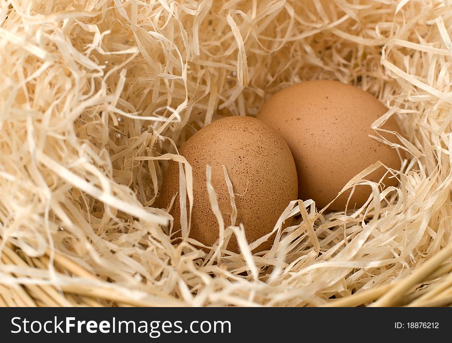 Two hen's eggs in nest. Two hen's eggs in nest