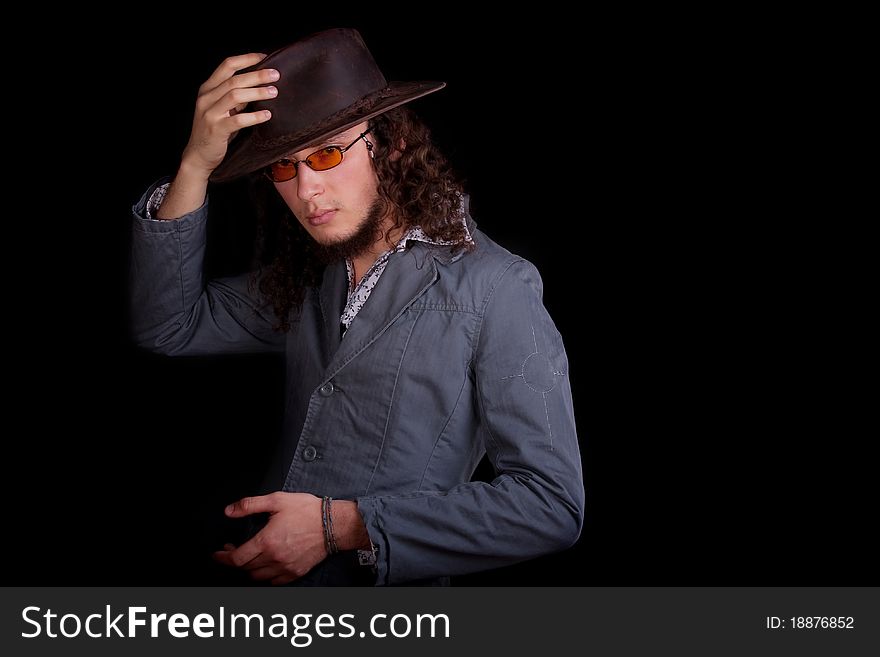 Serious man in a leather hat