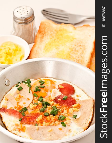 Fried eggs and toast in Thai style breakfast. Fried eggs and toast in Thai style breakfast