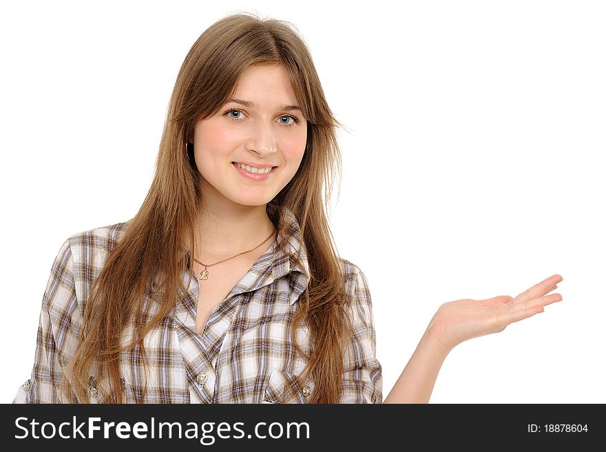 Woman holding hand presenting a product. On a white background