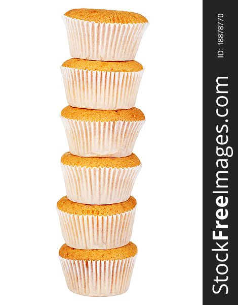 Stack of sweet muffins against white background