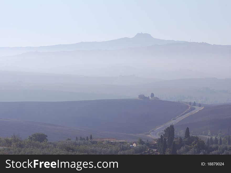 Dew over early morning Tuscan landscape. Dew over early morning Tuscan landscape