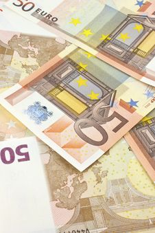 Background Of Scattered 50-euro Banknotes. Royalty Free Stock Image