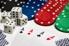 Poker: Cards - Four Aces, Chips And Dices Royalty Free Stock Photo Poker: Cards - Four Aces, Chips And Dices Royalty Free Stock Photo