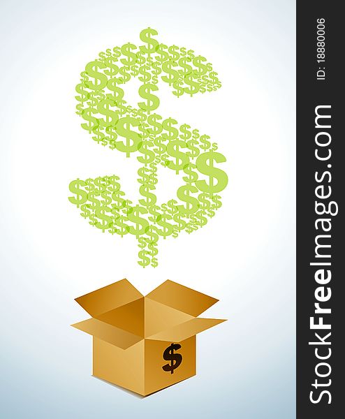 Illustration of a cardboard box with dollars. Illustration of a cardboard box with dollars