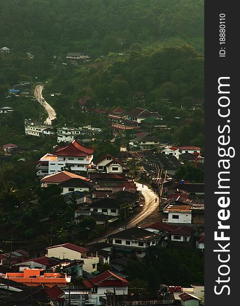 Bird eye view of small city scape in Thailand