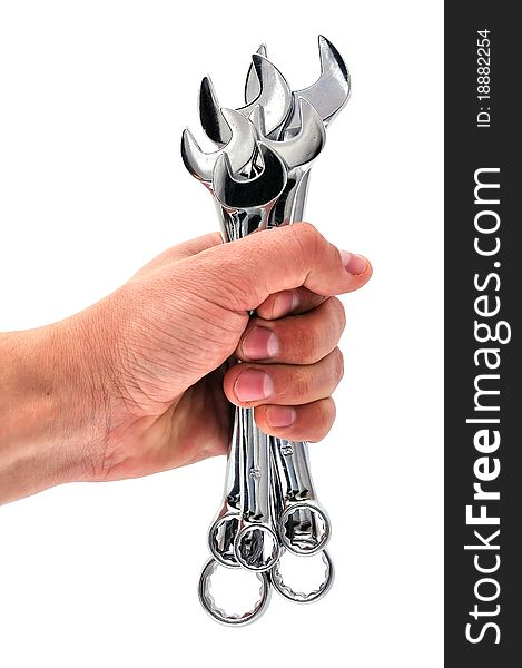 Wrench in his hand on a white background. Wrench in his hand on a white background