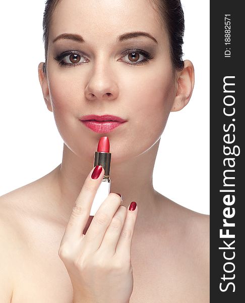 Woman with pink lipstick isolated