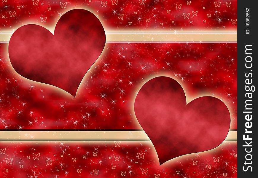 Red abstract background with highlights and two hearts. Red abstract background with highlights and two hearts